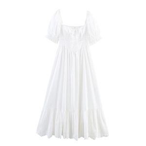 Französisches Retro Maxi Kleid Mit Eckigem Ausschnitt Puffärmeln Und Hohlstickerei Einfarbig Hohe Taille Elegant Damen