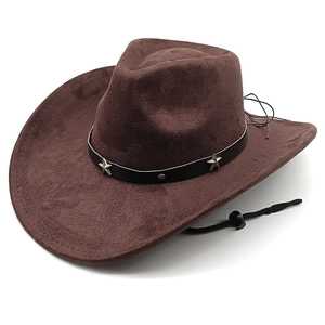 Classic dark brown suede cowboy hat with silver star buckle and adjustable drawstring