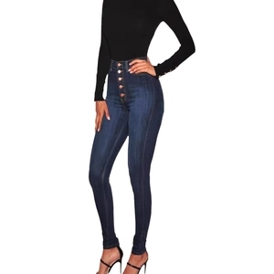 Jean skinny bleu foncé à taille haute avec fermeture à boutons multiples et coupe ajustée