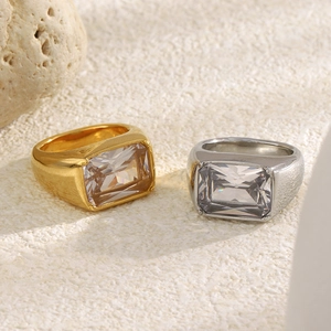 Minimalist 18K gold and silver plated stainless steel rings with square zircon stones