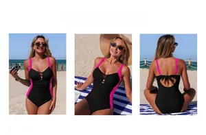 Détail d'un maillot de bain une pièce noir avec bretelles roses et anneau découpé