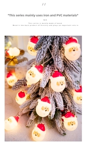 Close-up of Santa Claus string lights with warm LED glow on a snowy Christmas tree branch