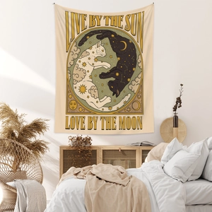 Bohemian sun and moon cat tapestry with Live By The Sun Love By The Moon quote