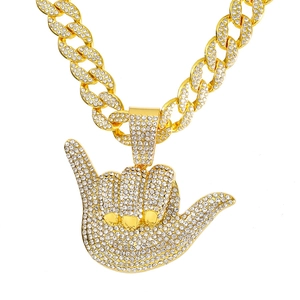 Iced out Shaka sign pendant necklace with gold plated Cuban link chain for men and women