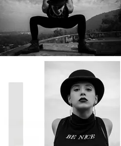 Detail showing high-neck BE NICE vest paired with a vintage black wool dome bowler hat