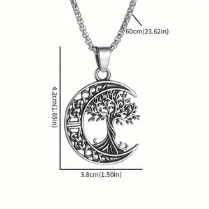Vintage silver tree of life and moon pendant necklace with dimensions on white background