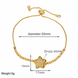 Detail view of 55mm adjustable gold bracelet with a 15mm x 17mm Druzy stone star charm