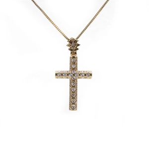 Minimalist vintage gold-plated cross necklace with sparkling cubic zirconia on white background