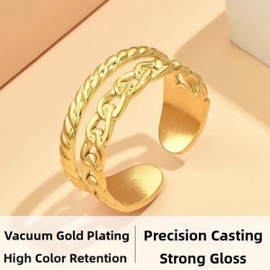 Detail of adjustable gold-plated stainless steel ring with curb chain and twist rope texture