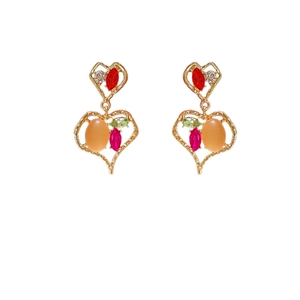Vintage gold hollow heart earrings with colorful rhinestones and intricate palace style