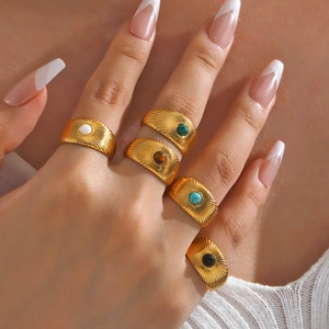 Chic gold-plated stainless steel wide rings set with colorful natural gemstones for women