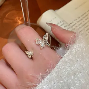 Elegant gold butterfly open ring with sparkling zircon stones for women's jewelry collection