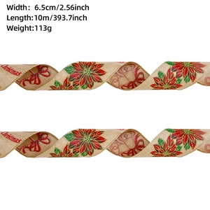 Detail of 6.5cm linen Christmas ribbon with poinsettia patterns and size specifications