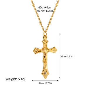 Polished gold stainless steel cross pendant necklace with twisted pattern and dimensions
