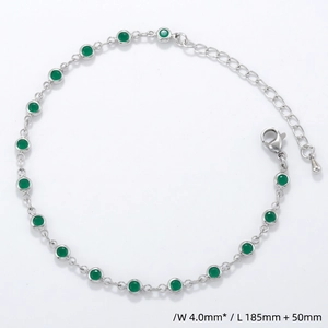 Detail view of a 4.0mm silver bracelet with round green gemstones and measurement labels