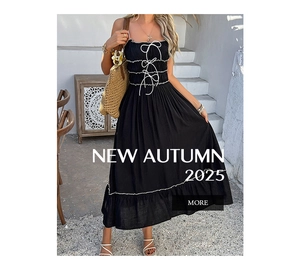 Close-up of black A-line dress featuring white lace trim and lace-up front detail