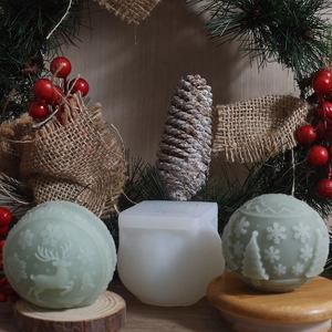 Christmas reindeer embossed round candle silicone mold with DIY wax crafts and pine decor