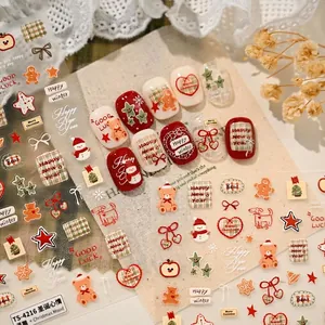 Stickers nail art Noël TS-4216 avec ours, bonhommes de neige et motifs écossais festifs