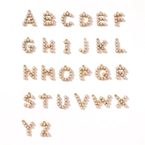 Set of 26 gold-plated DIY letter pendants with inlaid white and pink pearls