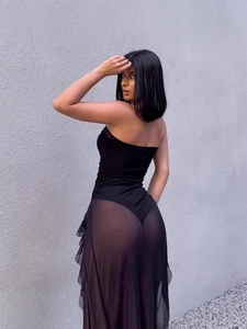Sexy black strapless mesh dress with sheer panels and open back design for summer parties