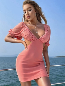 Mini Robe Femmes Sexy Col En V Manches Bouffantes Dos Nu Taille Évidée Froncée Bodycon Rose Polyester Vacances Fête