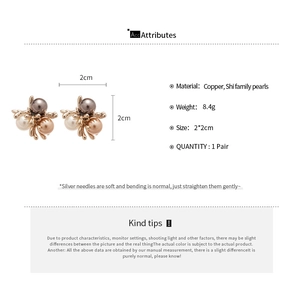 Detail view showing three-color pearl earrings with dimensions and specifications