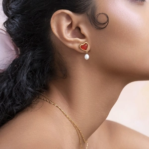 18k gold plated heart drop earrings with red stone and white pearl pendant for women