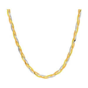 Three-tone woven stainless steel necklace in gold, rose gold, and silver finishes