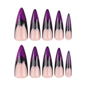 Halloween purple glitter bat stiletto press-on nails with black flame gothic design