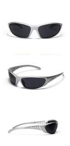 Matte silver Y2K futuristic sunglasses with hollow temples from multiple viewing angles