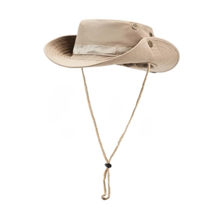 Men's khaki outdoor fishing hat with wide brim, sun protection fabric and windproof cord
