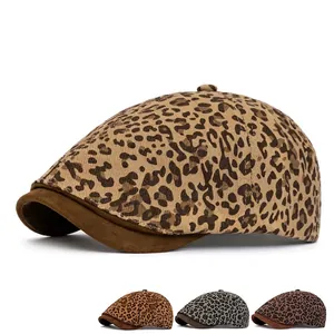 Retro leopard print flat cap set with four color options in soft faux suede