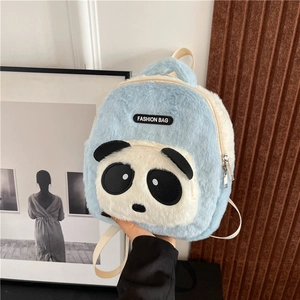 Close-up of cute panda plush backpack featuring soft faux fur and embroidery details