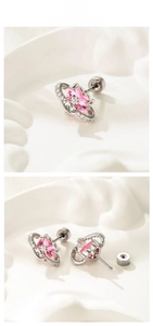 Detail of pink zircon Saturn stud earrings with secure silver screw back closure