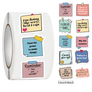 Detail showing 2.4cm motivational quote stickers in macaron colors for envelope sealing