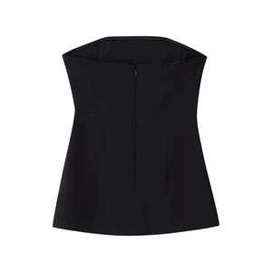 Back view of black strapless top featuring a sleek invisible zipper and smooth fabric detail