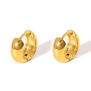 Classic gold stainless steel hoop earrings with a polished finish on white background