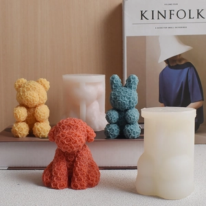 Rose textured silicone mold set featuring bear, dog, and rabbit shaped candle designs
