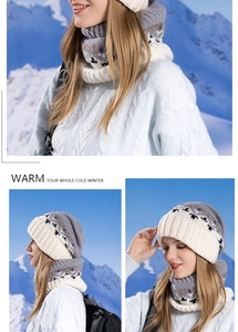 Close-up of winter knit beanie and neck warmer set with snowflake jacquard pattern