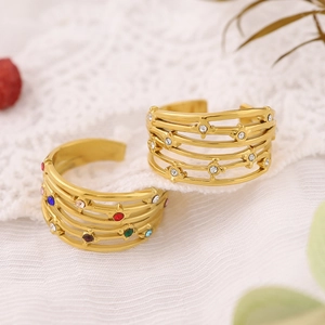 French style gold multi-layer open rings featuring clear and colorful crystal accents