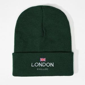 Dark green knitted beanie featuring embroidered London England logo and Union Jack flag