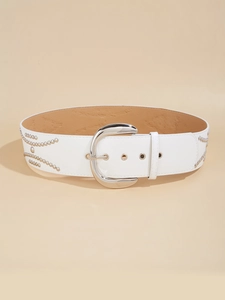 Detailed view of white wide PU leather belt with silver rivets and D-ring buckle
