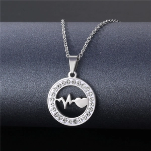 Silver stainless steel heartbeat necklace with hollow circle pendant and crystal halo