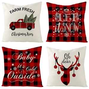 Set of 4 Christmas linen pillow covers with red buffalo plaid and farmhouse prints