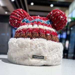Red knit hat for women with cute ear shapes and warm white plush lining