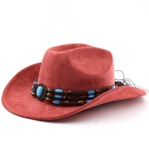 Detailed view of dark red suede cowboy hat with turquoise gemstone and beaded ethnic band