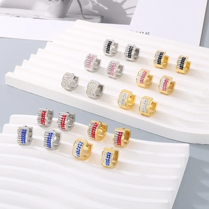 Detailed rows of colorful crystal inlay hoop earrings in gold and silver finish
