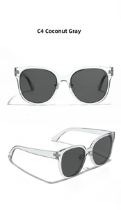 Detail view of large square sunglasses in transparent coconut grey with dark lenses