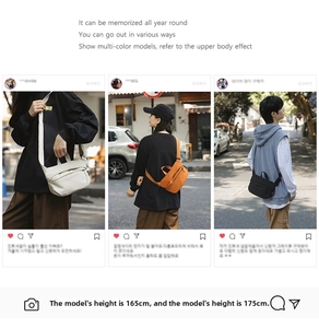 Neutral crossbody bag shown in beige, orange, and black on models of different heights
