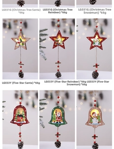 Detailed view of illuminated Christmas wooden star and bell ornaments with warm LED light